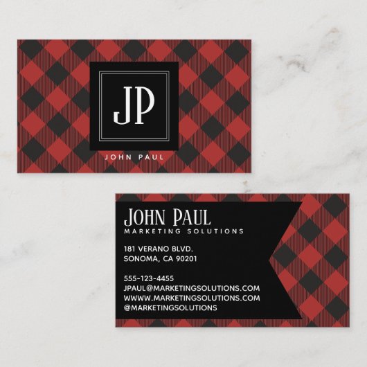 Carte De Visite Monogramme rouge de plaid de Buffalo (Devant / Derrière)