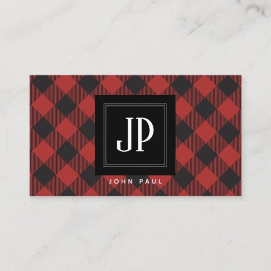 Carte De Visite Monogramme rouge de plaid de Buffalo (Devant)
