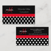 Carte De Visite Monogramme rouge noir blanc Polka point (Devant / Derrière)