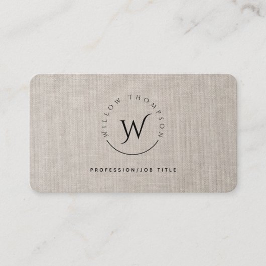 Carte De Visite Monogramme Rustique Linge Beige Élégant Script (Devant)