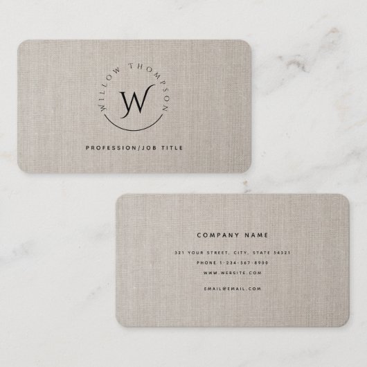 Carte De Visite Monogramme Rustique Linge Beige Élégant Script (Devant / Derrière)