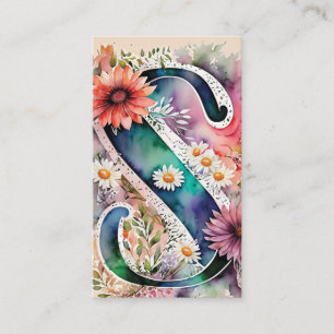 Carte De Visite Monogramme S Daisy Floral Aquarelle QR Code Logo
