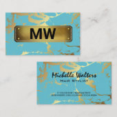 Carte De Visite Monogramme | Sauvegarde d'or | Marbre or Turquoise (Devant / Derrière)