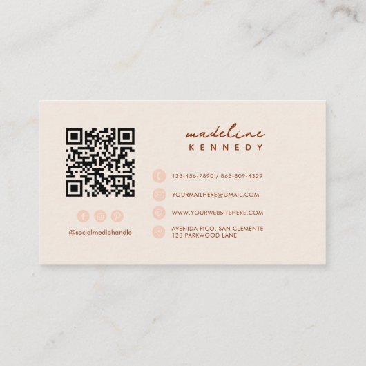 Carte De Visite Monogramme Script Boho Beige QR Code (Dos)