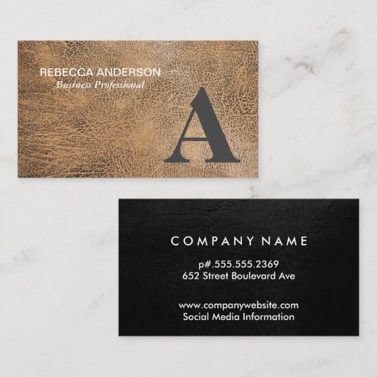 Carte De Visite Monogramme Serif Gris, Cuir Brown (Devant / Derrière)