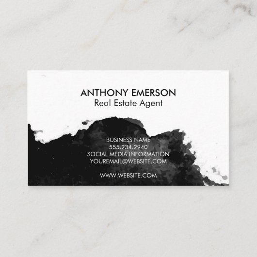 Carte De Visite Monogramme Serif | Texture d'aquarelle noire (Dos)