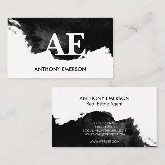 Carte De Visite Monogramme Serif | Texture d'aquarelle noire (Devant / Derrière)