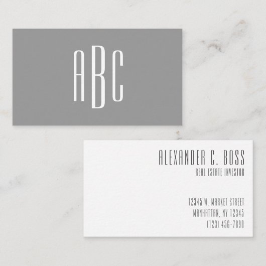 Carte De Visite Monogramme simple à trois lettres gris et blanc mo (Devant / Derrière)