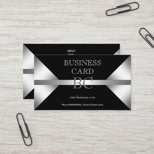 Carte De Visite Monogramme Simple Argent Noir 4C (Devant/Arrière en situation)
