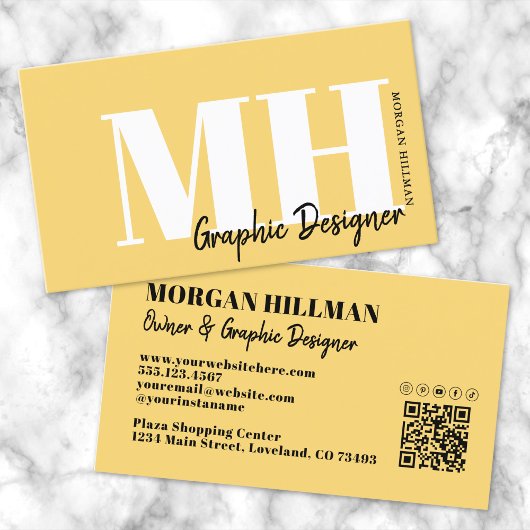 Carte De Visite Monogramme simple code QR jaune