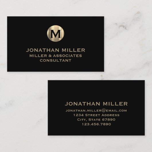 Carte De Visite Monogramme simple en or brossé noir (Devant / Derrière)