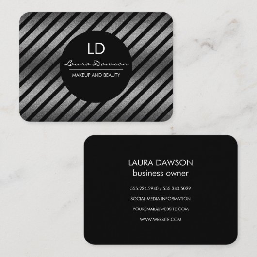 Carte De Visite Monogramme Sliver Glamor Cercle et rayures (Devant / Derrière)