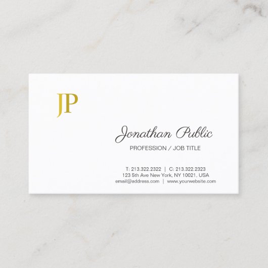 Carte De Visite Monogramme sophistiqué Blanc Or moderne Plaine (Devant)