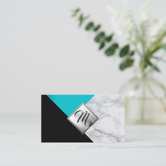 Carte De Visite Monogramme Teal abstrait, noir et marbre (Debout devant)