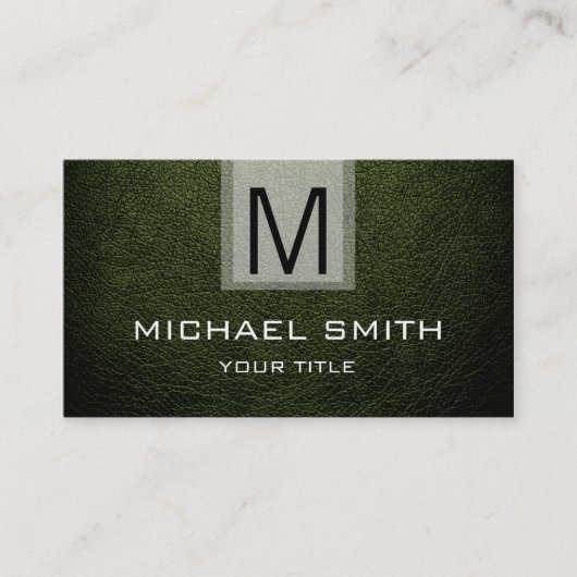 Carte De Visite Monogramme texturé en cuir vert foncé (Devant)