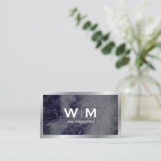 Carte De Visite Monogramme | Texture en marbre bleu foncé (Debout devant)
