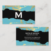 Carte De Visite Monogramme | Turquoise de marbre doré (Devant / Derrière)