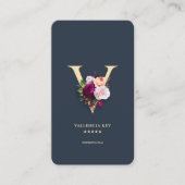 Carte De Visite Monogramme V Floral Professionnel Bleu foncé Or (Devant)