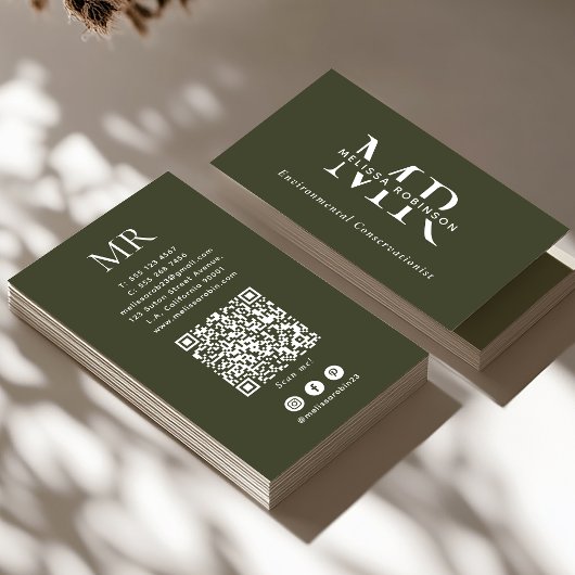 Carte De Visite Monogramme Vert Armée, Code QR & Réseaux Sociaux S