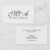 Carte De Visite Monogramme vert Élégant Script blanc clair (Devant / Derrière)