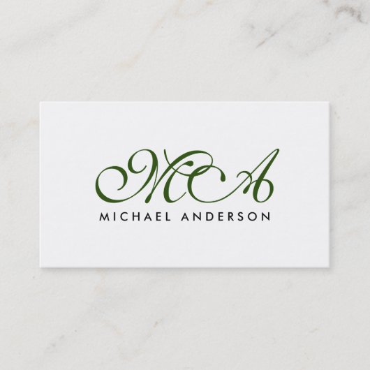 Carte De Visite Monogramme vert Élégant Script blanc clair (Devant)