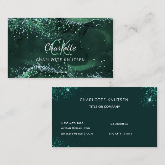 Carte De Visite Monogramme vert émeraude marbre d'Agate (Devant / Derrière)