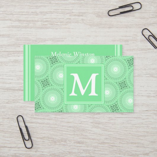 Carte De Visite Monogramme vert ressort cercles motif (Devant/Arrière en situation)