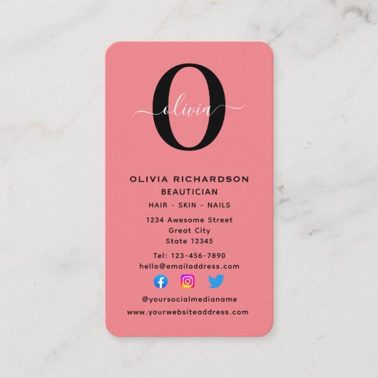 Carte De Visite Monogramme vertical Nom de script noir blanc rose (Devant)