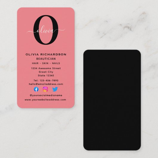 Carte De Visite Monogramme vertical Nom de script noir blanc rose (Devant / Derrière)