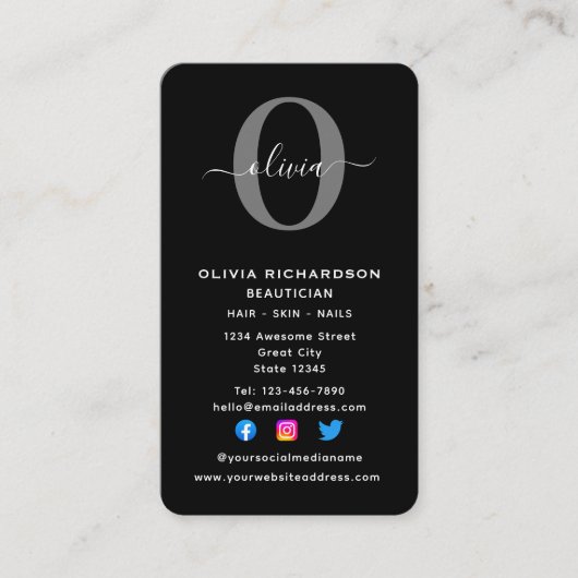 Carte De Visite Monogramme vertical Nom du script Black White Grey (Devant)