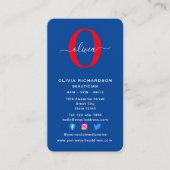 Carte De Visite Monogramme vertical Nom du script Bleu Blanc Rouge (Devant)