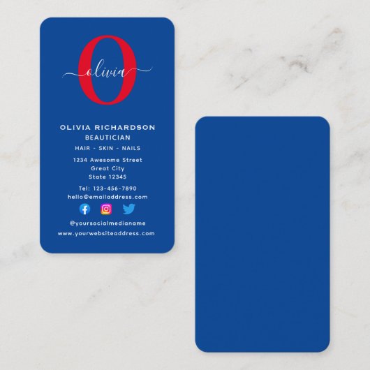 Carte De Visite Monogramme vertical Nom du script Bleu Blanc Rouge (Devant / Derrière)