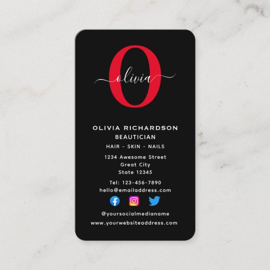 Carte De Visite Monogramme vertical Nom du script Noir Blanc Rouge (Devant)