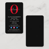 Carte De Visite Monogramme vertical Nom du script Noir Blanc Rouge (Devant / Derrière)