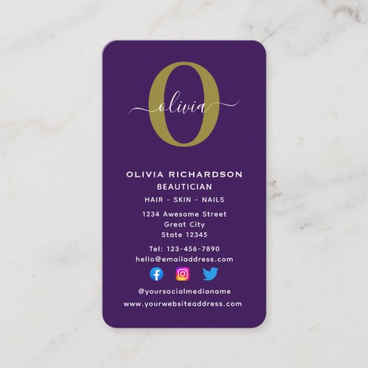 Carte De Visite Monogramme vertical Nom du script Purple White Gol (Devant)