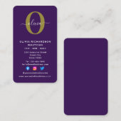 Carte De Visite Monogramme vertical Nom du script Purple White Gol (Devant / Derrière)
