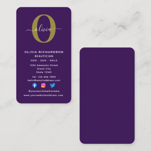 Carte De Visite Monogramme vertical Nom du script Purple White Gol (Devant / Derrière)