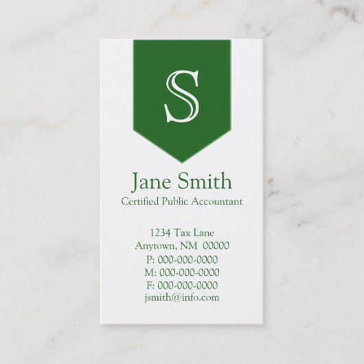 Carte de visite Monogramme vertical, Vert (Devant)