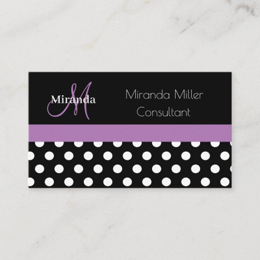 Carte De Visite Monogramme violet noir blanc Polka point (Devant)