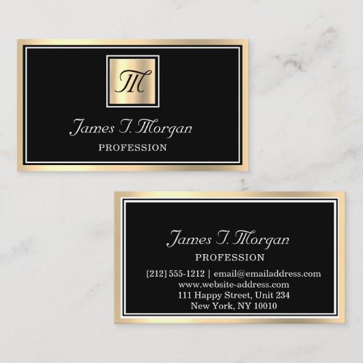 Carte De Visite Monogramme VIP à cadre noir or professionnel (Devant / Derrière)