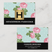 Carte De Visite MonogrammeArgent métallique / Rose et Pois (Devant / Derrière)