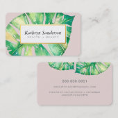 Carte De Visite MONSTERA LEAF éco peint moderne aquarelle rose (Devant / Derrière)