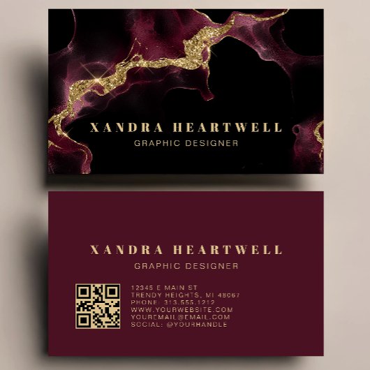Carte De Visite Moody Burgundy Gold Glitter Ink Abstract QR Code