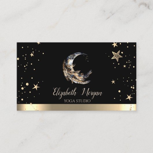 Carte De Visite Moon Feather Gold Stars Black Yoga Studio (Devant)