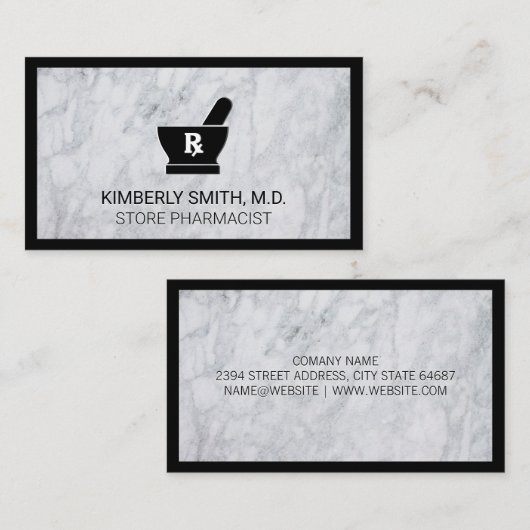 Carte De Visite Mortier et pilon | Bordure noire Marbre blanc (Devant / Derrière)