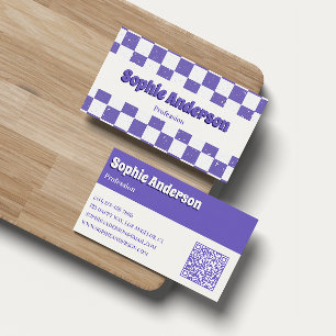 Carte De Visite Motif à carreaux rétro violet tendance avec code Q