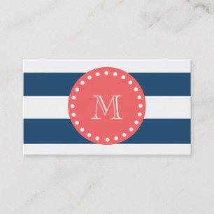 Carte De Visite Motif blanc de rayures de bleu marine, monogramme
