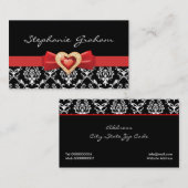 Carte De Visite Motif damassé noir blanc avec arc rouge et bijou (Devant / Derrière)