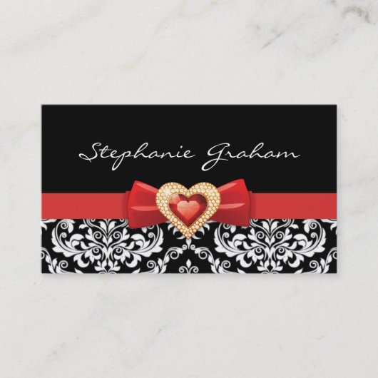 Carte De Visite Motif damassé noir blanc avec arc rouge et bijou (Devant)