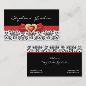 Carte De Visite Motif damassé noir blanc avec arc rouge et bijou (Devant / Derrière)